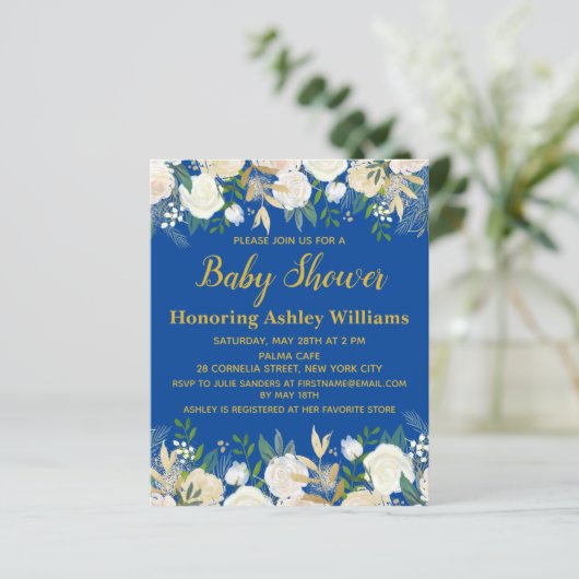 Budget Baby shower Uitnodiging Royal Blue Boy Gold (Staand voorkant)