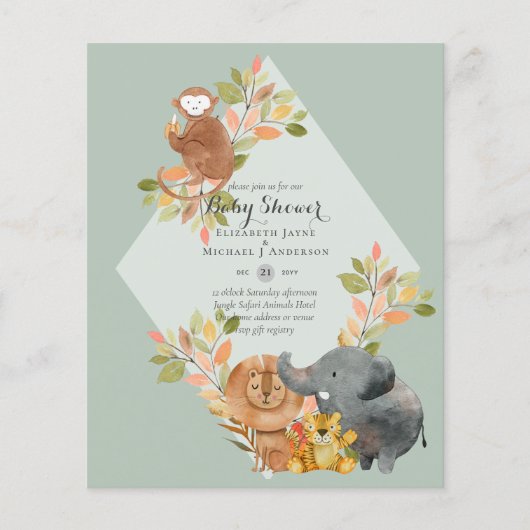 BUDGET Baby SHOWER Uitnodigingen - JUNGLE DIEREN Flyer (Voorkant)