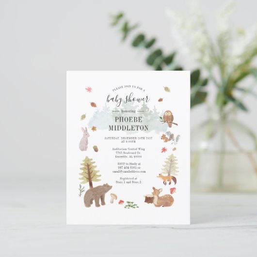 Budget Baby shower Woodland Dierenuitnodiging (Staand voorkant)