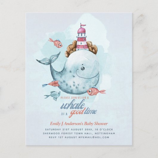 BUDGET Baby shower Zee Life Whale Boys Blue Invite (Voorkant)