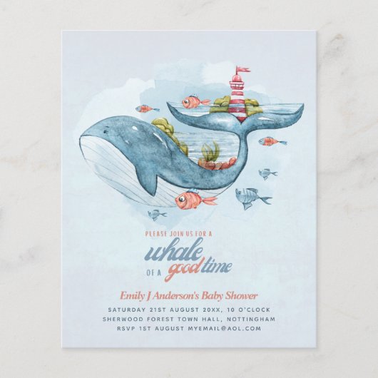 BUDGET Baby shower Zee Life Whale Boys Blue Invite (Voorkant)