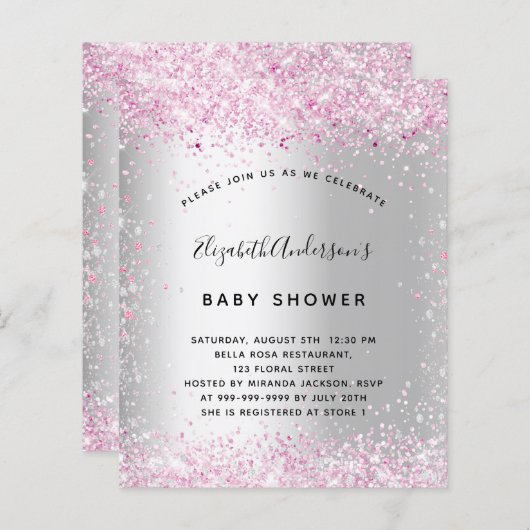 Budget baby shower zilverroze uitnodiging (Voorkant / Achterkant)