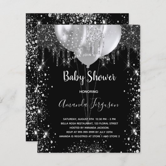 Budget Baby shower zwarte zilveruitnodiging (Voorkant / Achterkant)