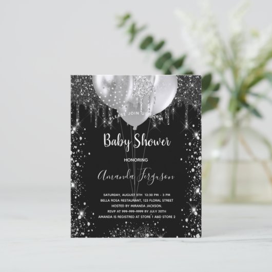 Budget Baby shower zwarte zilveruitnodiging (Staand voorkant)