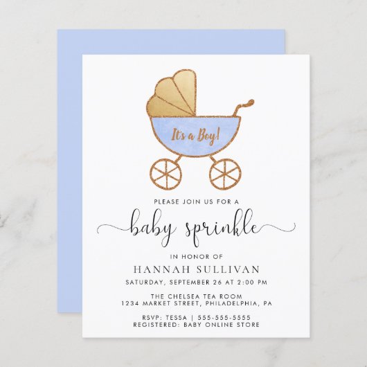 Budget Baby Sprinkle Blue Carriage Invite (Voorkant / Achterkant)