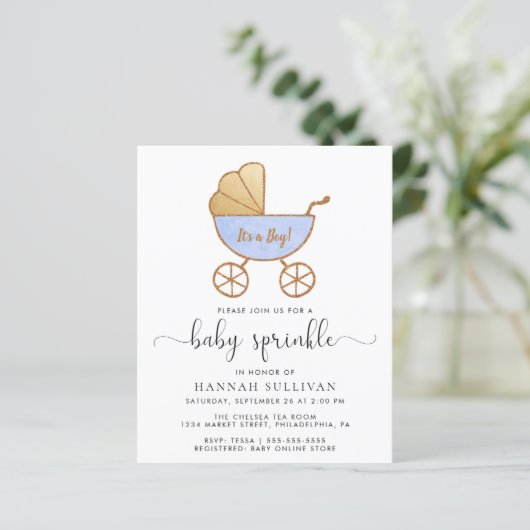 Budget Baby Sprinkle Blue Carriage Invite (Staand voorkant)
