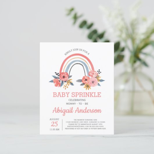 Budget Baby Sprinkle Rainbow Floral Uitnodiging (Staand voorkant)