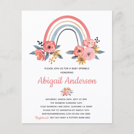 Budget Baby Sprinkle Rainbow Floral Uitnodiging Flyer (Voorkant)