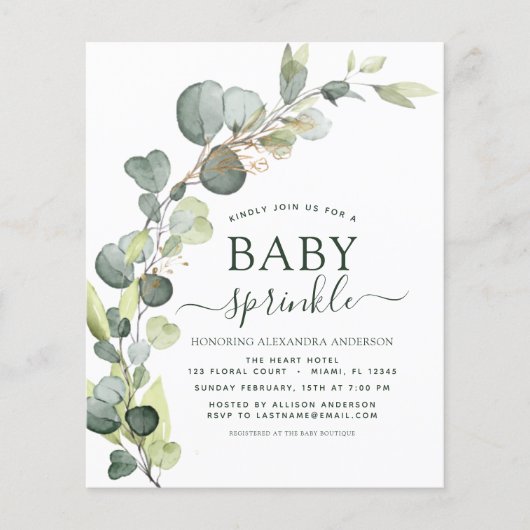 Budget Baby Sprinkle Shower Eucalyptus Uitnodiging Flyer (Voorkant)