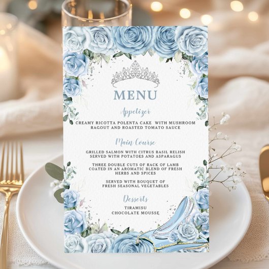 Budget Babyblauw Bloemig Sweet 16 Quinceañera Menu