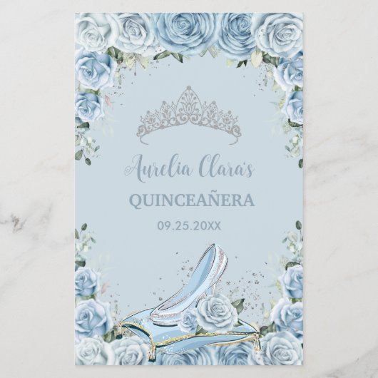 Budget Babyblauw Bloemig Sweet 16 Quinceañera Menu (Achterkant)