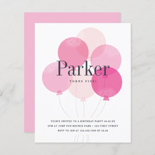 Budget ballon roze verjaardagsfeest uitnodiging (Voorkant / Achterkant)