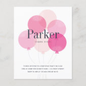 Budget ballon roze verjaardagsfeest uitnodiging (Voorkant)