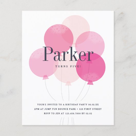 Budget ballon roze verjaardagsfeest uitnodiging (Voorkant)