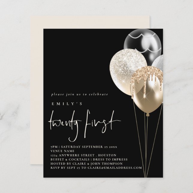 Budget Balloons Gold Ivory 21st Black Invite (Voorkant / Achterkant)