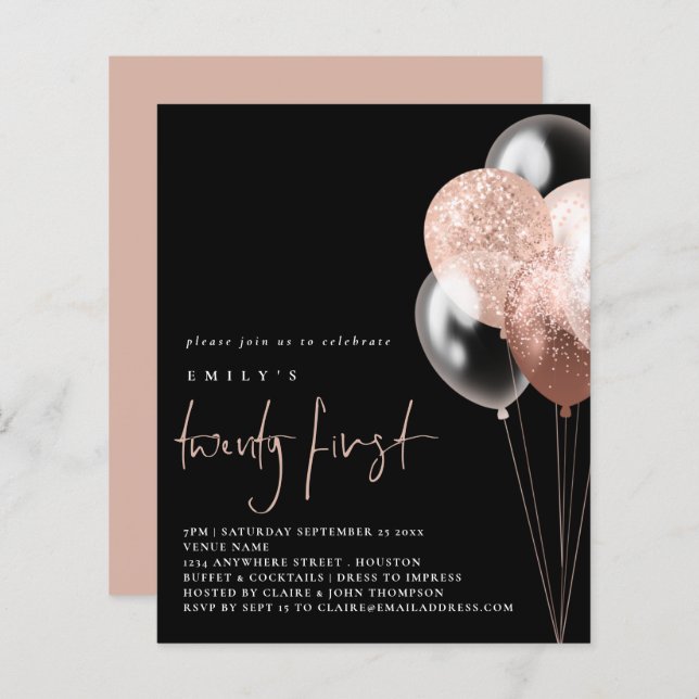 Budget Balloons Script Roos Gold 21st Black Invite (Voorkant / Achterkant)