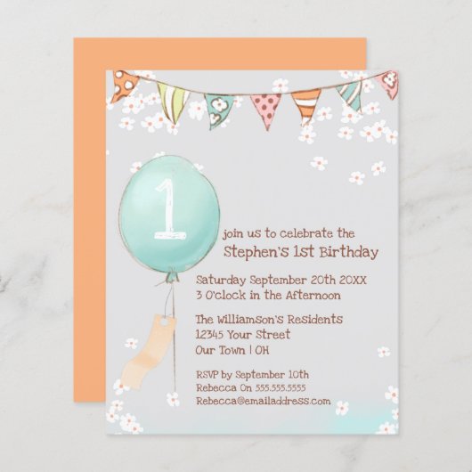 Budget Balonse Babies 1e Birthday Invitation (Voorkant / Achterkant)