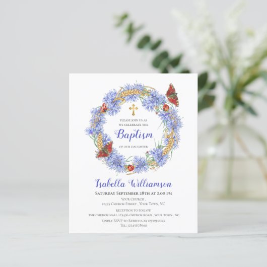 Budget Baptism Blue Wildflower & Butterfly Invite (Staand voorkant)
