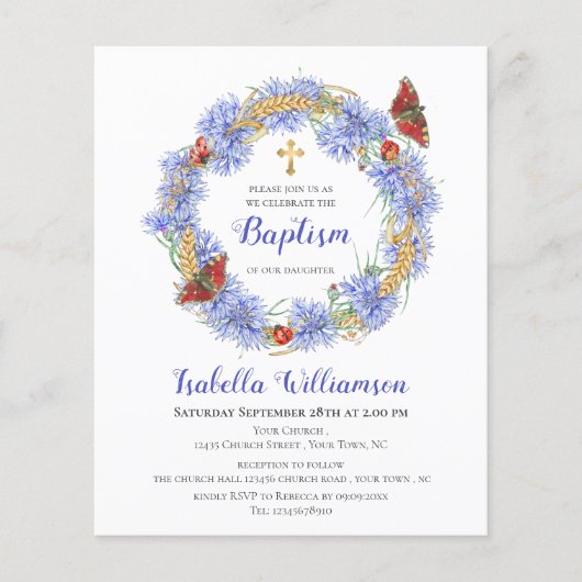 Budget Baptism Blue Wildflower & Butterfly Invite (Voorkant)
