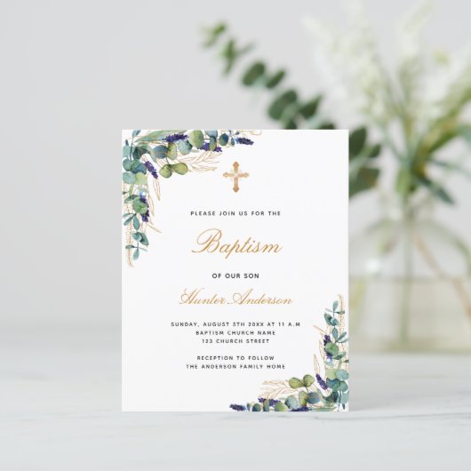 Budget Baptism eucalyptus greenery blauwe uitnodig (Staand voorkant)