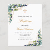 Budget Baptism eucalyptus greenery blauwe uitnodig (Voorkant)
