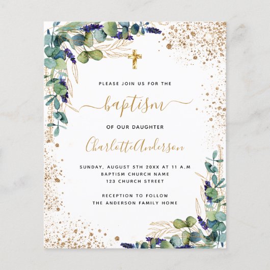 Budget Baptism eucalyptus greenery Gold-uitnodigin (Voorkant)