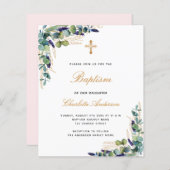 Budget Baptism eucalyptus greenery roze uitnodigin (Voorkant / Achterkant)