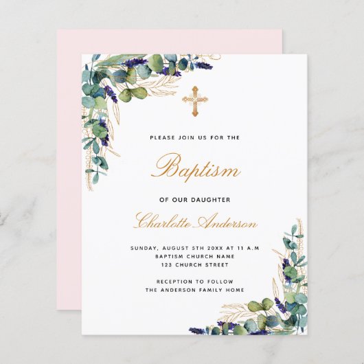 Budget Baptism eucalyptus greenery roze uitnodigin (Voorkant / Achterkant)