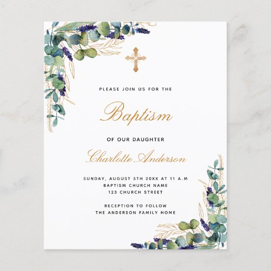 Budget Baptism eucalyptus greenery roze uitnodigin (Voorkant)