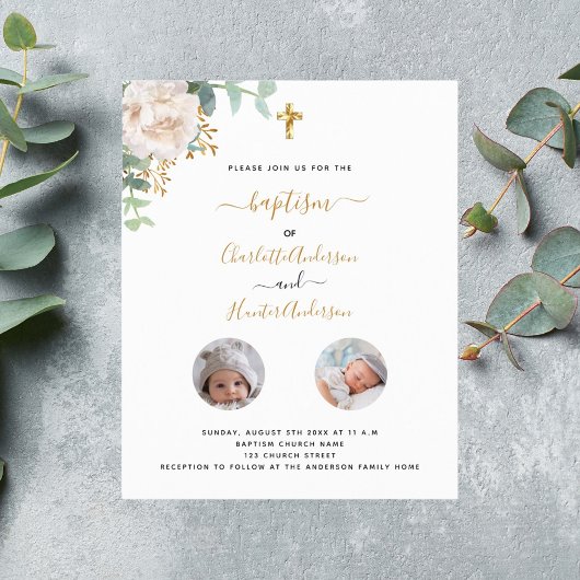 Budget Baptism tweeling witte florale fotouitnodig