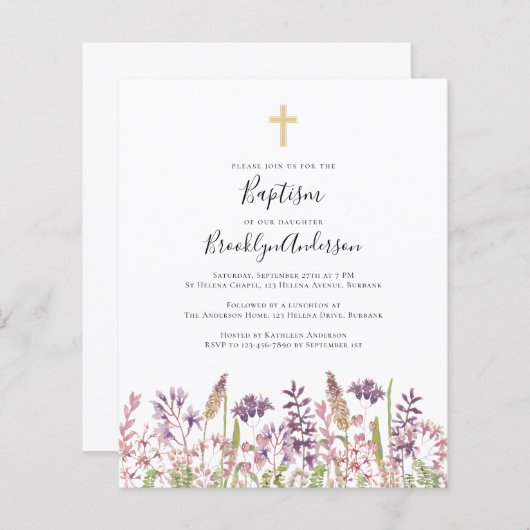 BUDGET Baptism Uitnodiging | Wilde bloem (Voorkant / Achterkant)