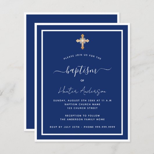 Budget baptisme blauw witte volwassen uitnodiging (Voorkant / Achterkant)