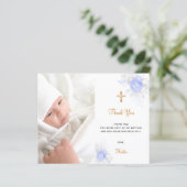 Budget baptisme blauwe florals foto jongen bedankt (Staand voorkant)