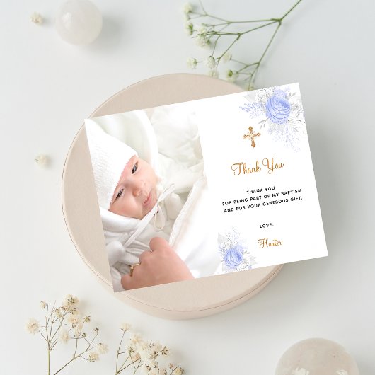 Budget baptisme blauwe florals foto jongen bedankt