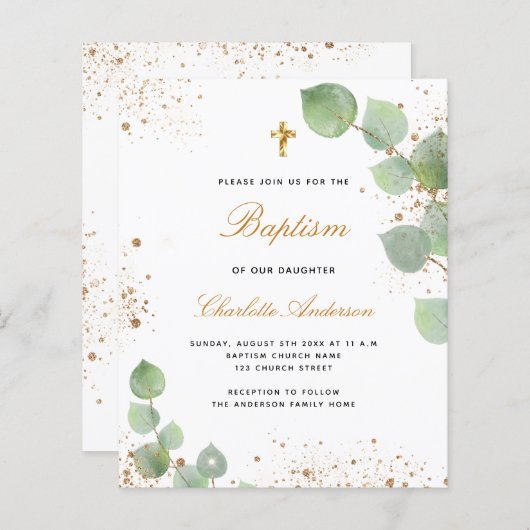 Budget baptisme eucalyptus Gold script, uitnodigin (Voorkant / Achterkant)