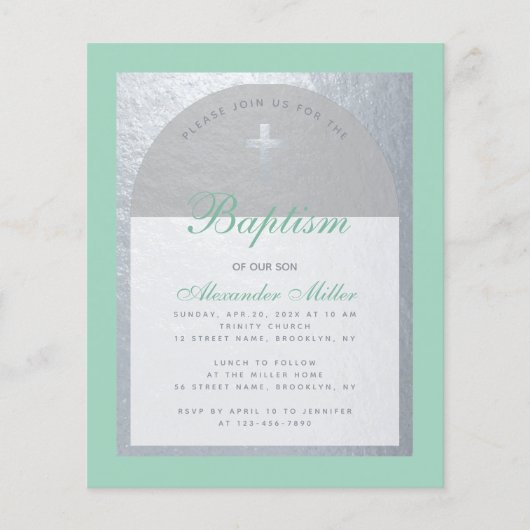 Budget Baptisme Mint Green Faux Silver Invitation (Voorkant)