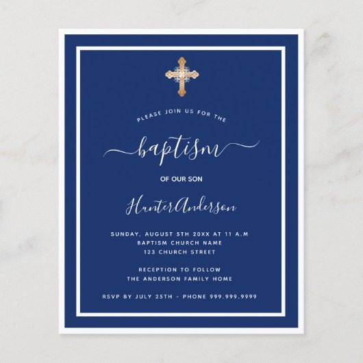 Budget baptisme navy blue boy-uitnodiging (Voorkant)