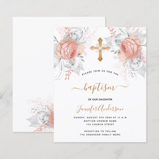 Budget Baptisme roos goudflorals meisje wit (Voorkant / Achterkant)