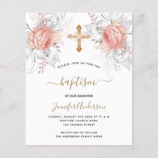 Budget Baptisme roos goudflorals meisje wit (Voorkant)