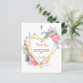 Budget baptisme roze floral foto bedankt (Staand voorkant)