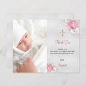 Budget baptisme roze floral photoSilver bedankt (Voorkant / Achterkant)