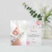 Budget baptisme roze floral photoSilver bedankt (Staand voorkant)