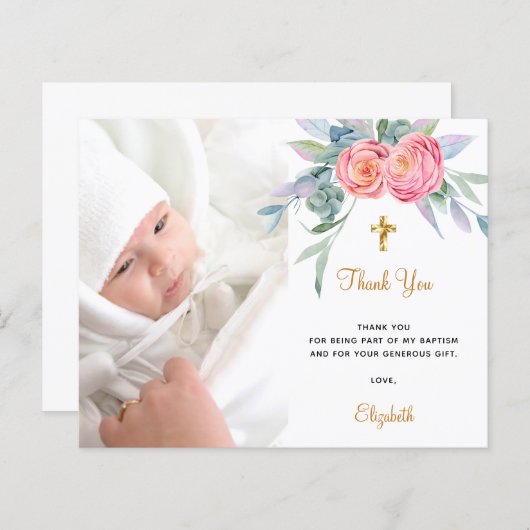 Budget baptisme roze florals fotomeisje bedankt (Voorkant / Achterkant)