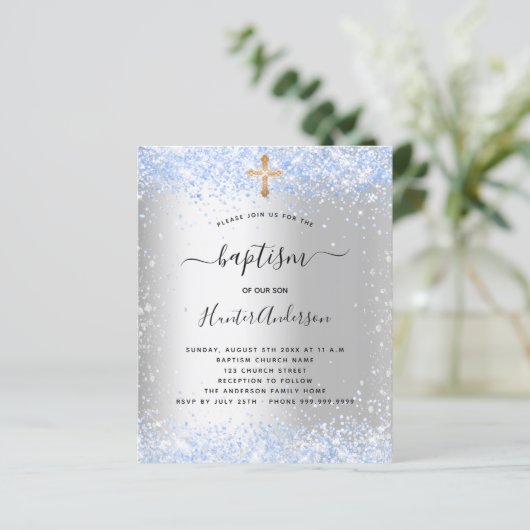 Budget baptisme Silver Blauwe Glitter boy-uitnodig (Staand voorkant)