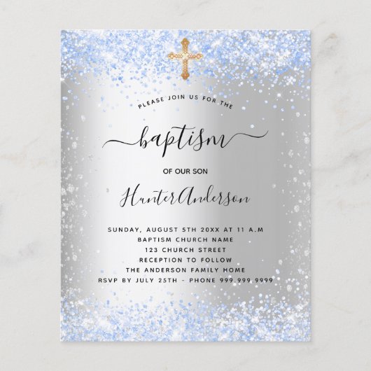 Budget baptisme Silver Blauwe Glitter boy-uitnodig (Voorkant)
