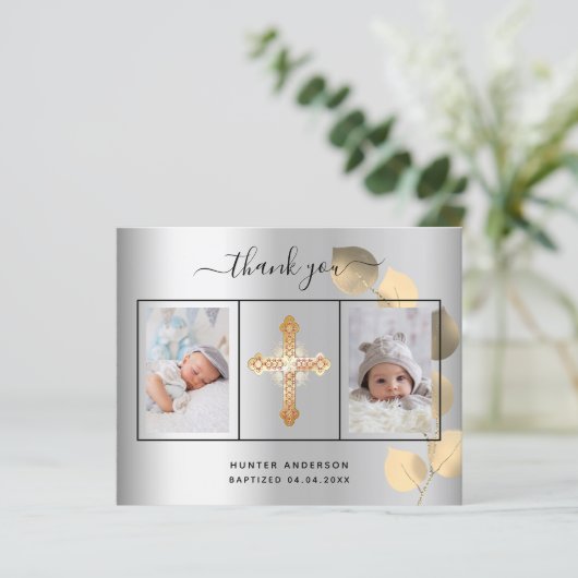 Budget baptisme Silver Eucalyptus foto bedankt (Staand voorkant)