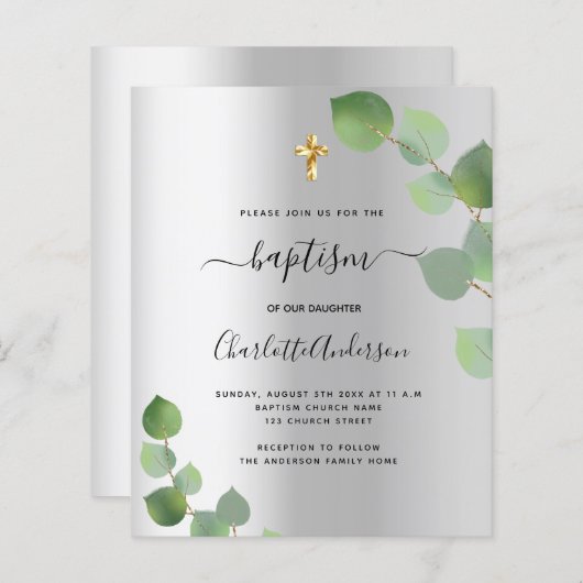 Budget baptisme Silver Eucalyptus Uitnodiging (Voorkant / Achterkant)