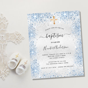 Budget baptisme Silver Glitter Blue boy-uitnodigin
