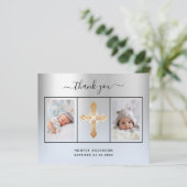 Budget baptisme zilveren blauwe foto bedankt kaart (Staand voorkant)