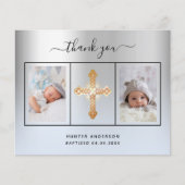 Budget baptisme zilveren blauwe foto bedankt kaart (Voorkant)